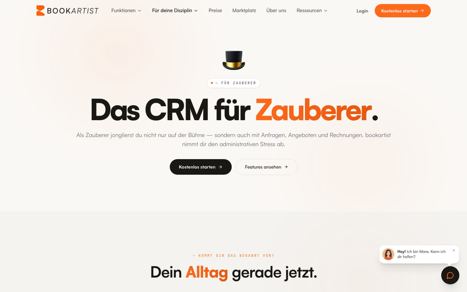 Ausschnitt der Website von Bookartist
