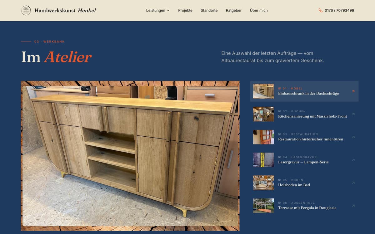 Ausschnitt der Website von Handwerkskunst Henkel